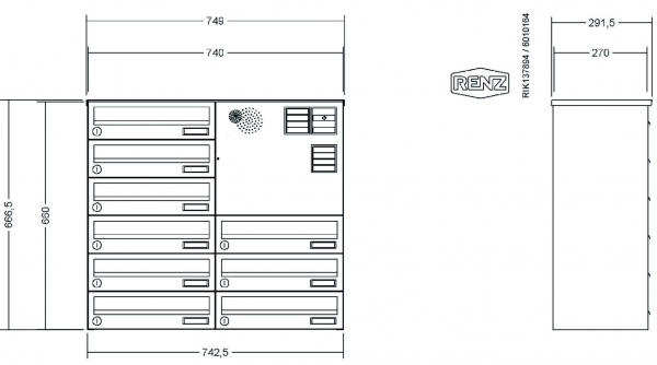 RENZ Briefkastenanlage Aufputz, Verkleidung Basic B, Kastenformat 370x110x270mm, 9-teilig, Vorbereitung Gegensprechanlage